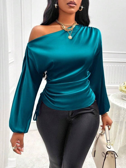 Women's Satin One Shoulder Long Sleeve Ruched Top