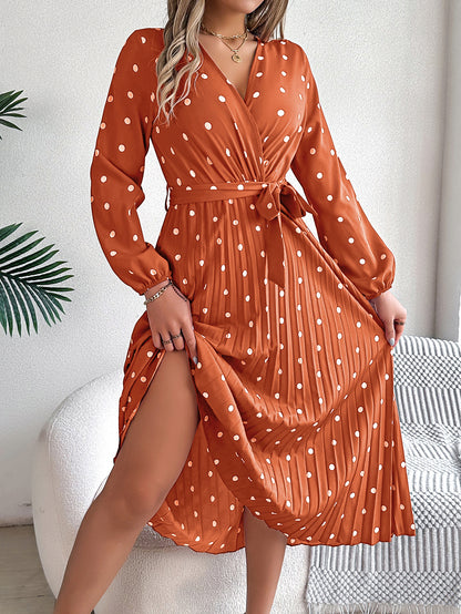 Elegant Polka Dot Cross-Over V-Neck Pleated Midi Dress
