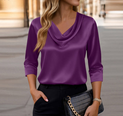 Women's Satin Cowl Neck Blouse 3/4 Sleeve Top