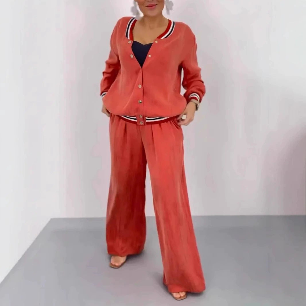 Women Casual Cardigan Wide Leg Pants Matching Set
