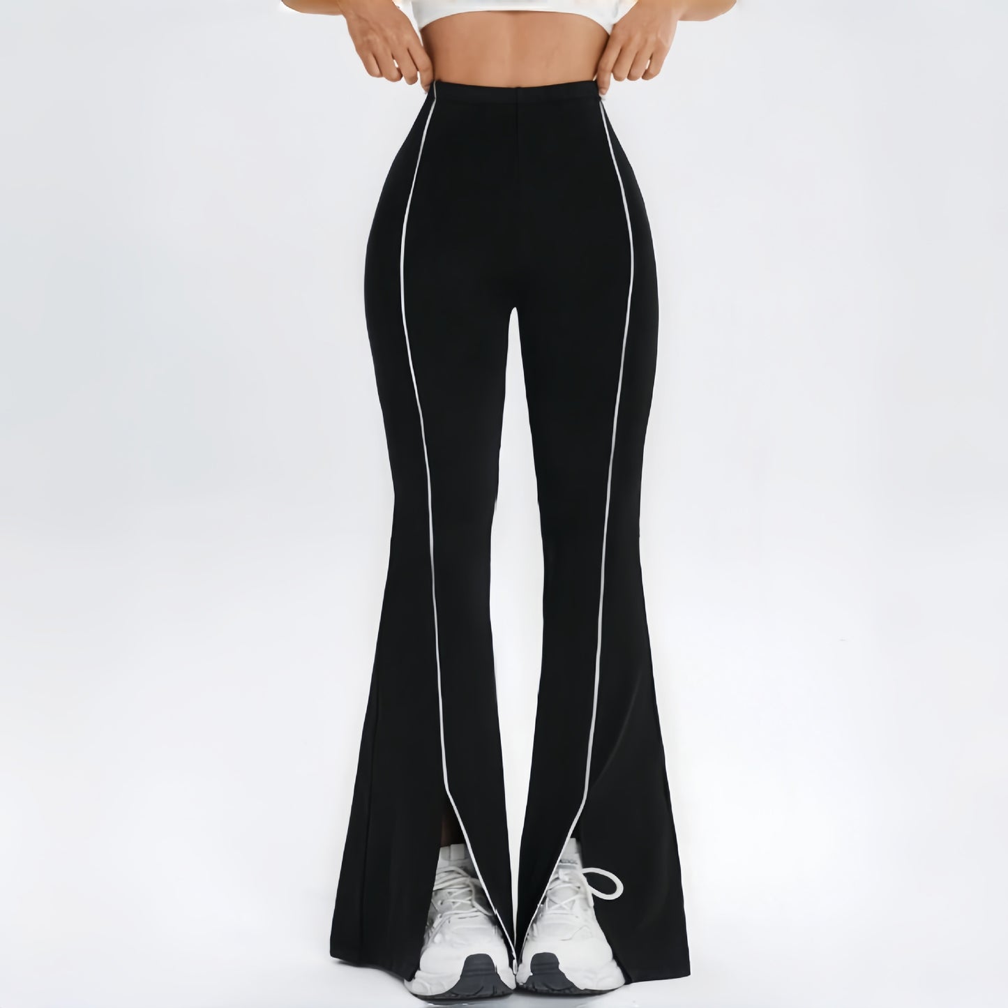 Women's High Waist Front Slit Flare Yoga Pants Side Stripe