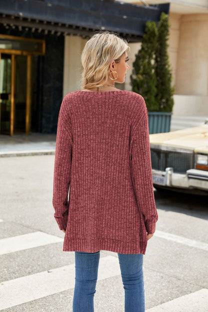 Women's Oversized Ribbed Long Sleeve Side Slit Tunic Top