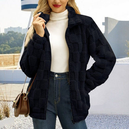 Textured Plush Zip Jacket Stand Collar Fleece Outerwear