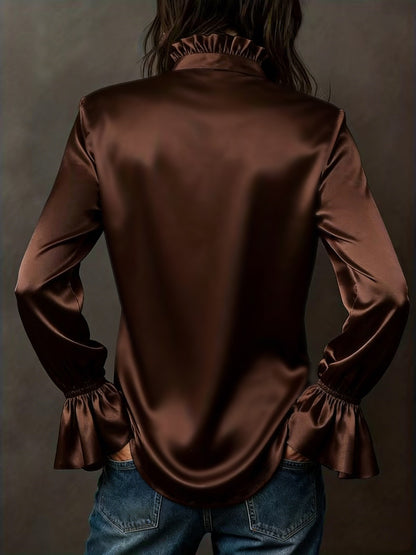 Women's Satin Bell Sleeve Button Down Blouse
