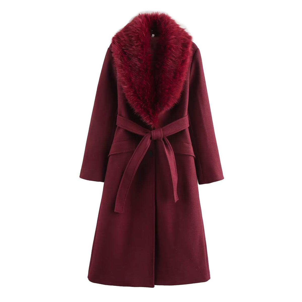Women's Faux Fur Collar Belted Wool Trench Coat