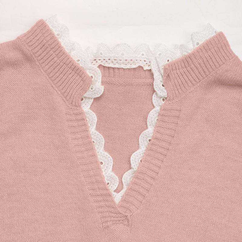 Heart Print V Neck Knit Sweater Casual Valentine Pullover