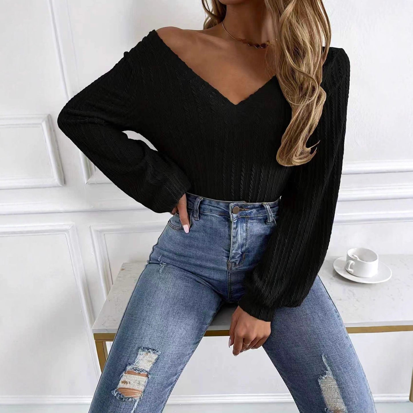 Women's Ribbed V Neck Puff Sleeve Long Sleeve Top