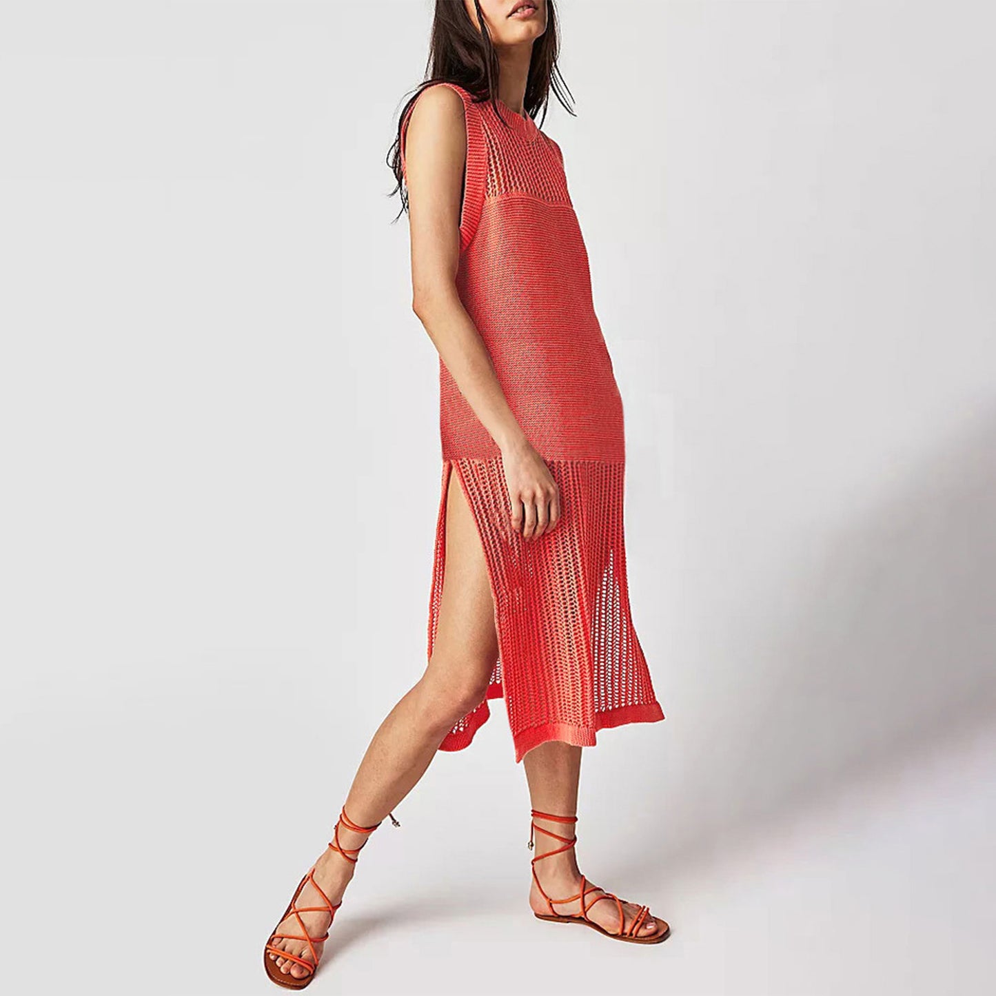 Summer Hollow Knit Sleeveless Street Style Slit Dress
