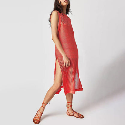 Summer Hollow Knit Sleeveless Street Style Slit Dress