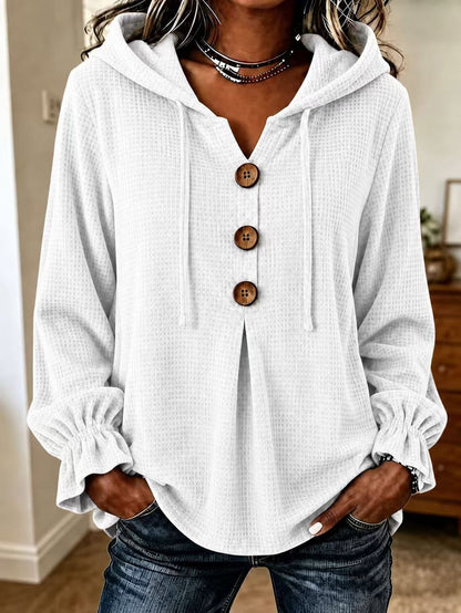 Waffle Knit Hooded Henley V Neck Long Sleeve Top