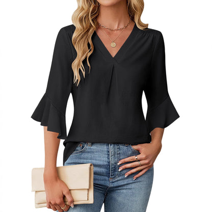 V Neck Ruffle Sleeve Chiffon Blouse Dressy Casual Top