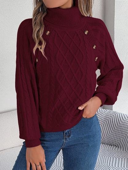 2025 Fall Winter Buttoned Cable Knit Turtleneck Sweater