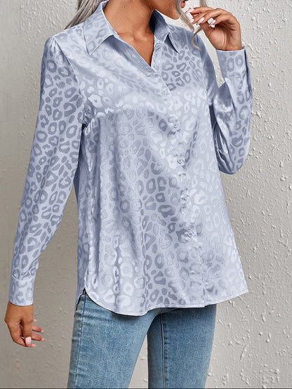Women's Leopard Jacquard Button Down Shirt Long Sleeve