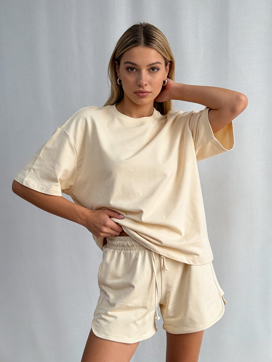 Cotton Two Piece Set T Shirt Shorts Casual Lounge Outfit