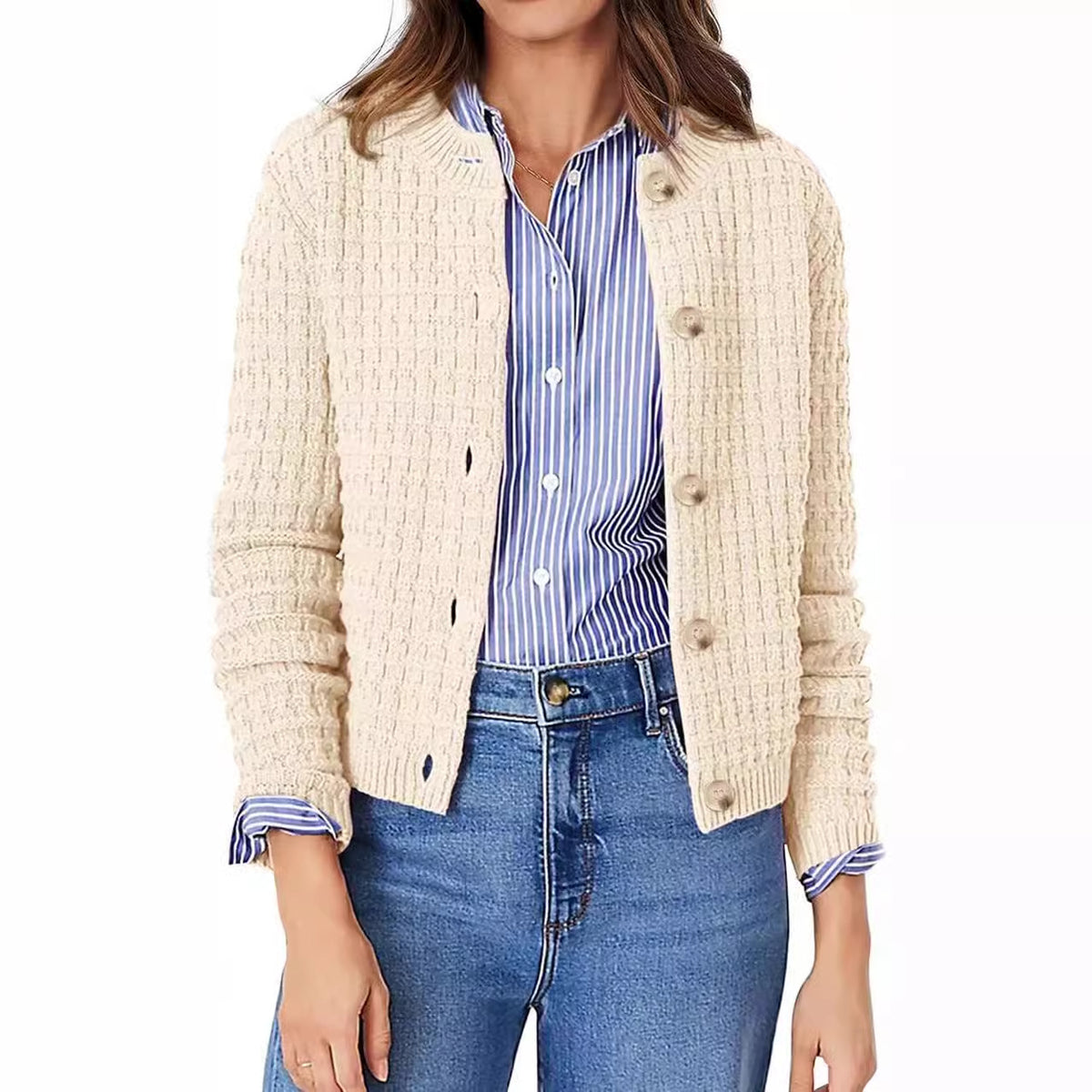 Women's Cropped Cardigan Button Front Textured Knit