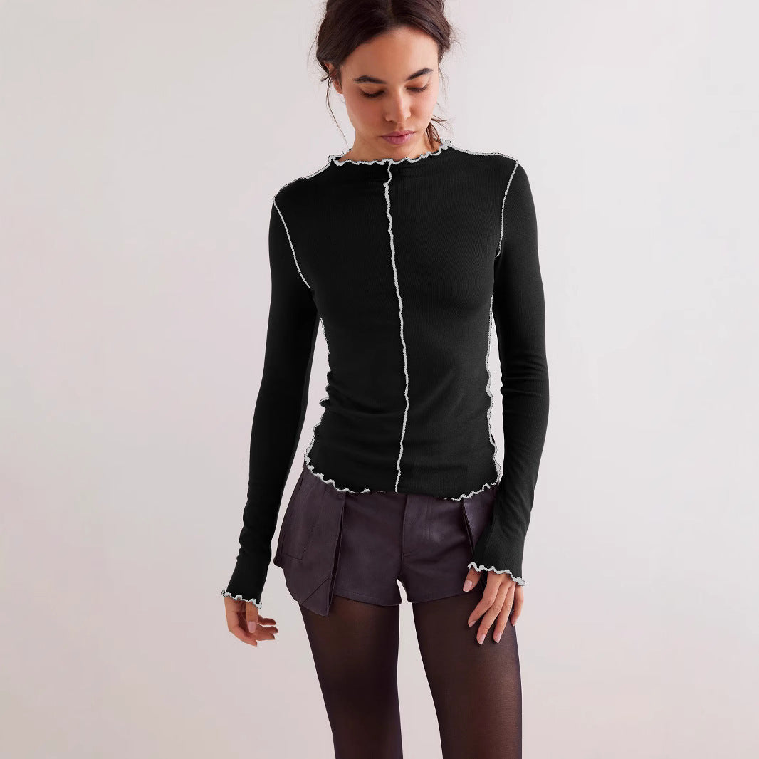 Lettuce Edge Mock Neck Contrast Stitch Long Sleeve Top