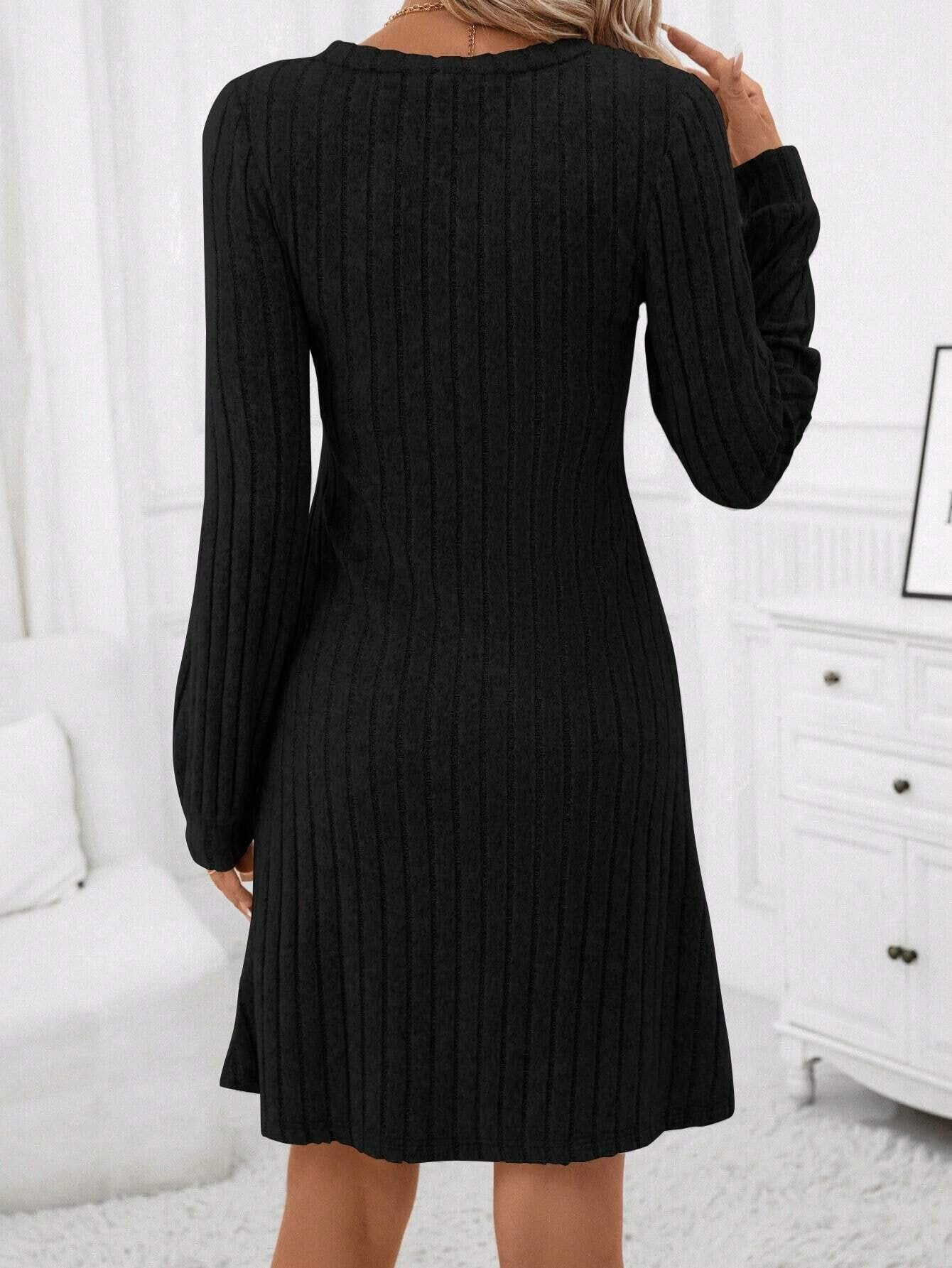 Women's V-Neck Ribbed Long Sleeve A-Line Midi Dress