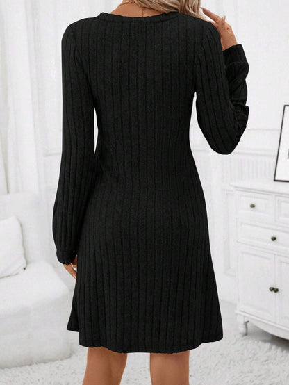 Women's V-Neck Ribbed Long Sleeve A-Line Midi Dress