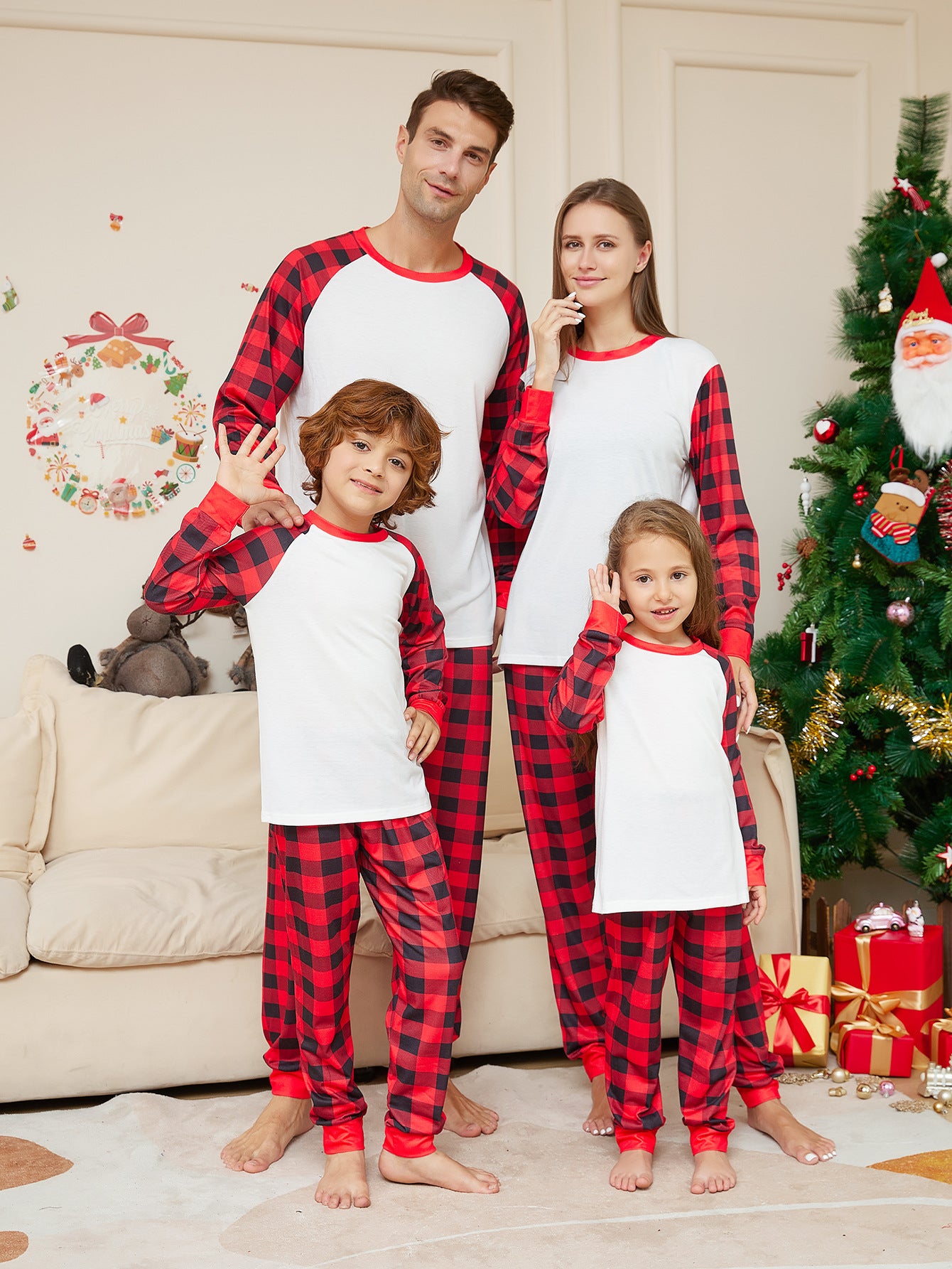 Solid Color Plaid Printing Christmas Parent-child Christmas Home Set