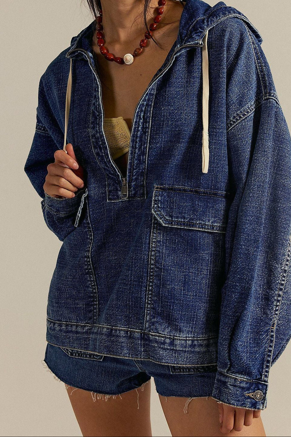 Oversized Washed Denim Hoodie Half Zip Jacket