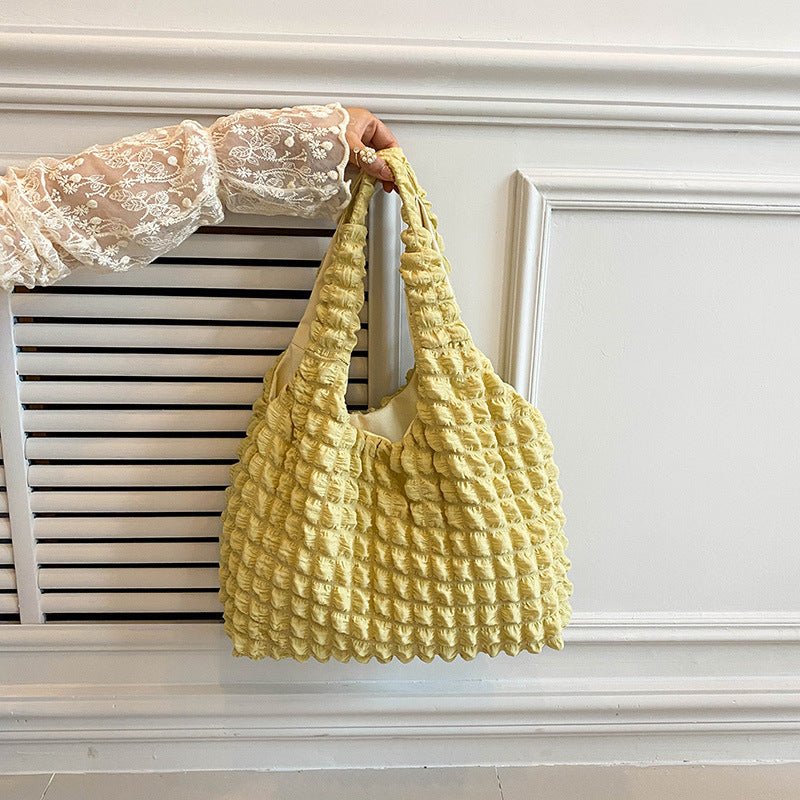 Textured Bubble Knit Shoulder Tote in Rose Pink