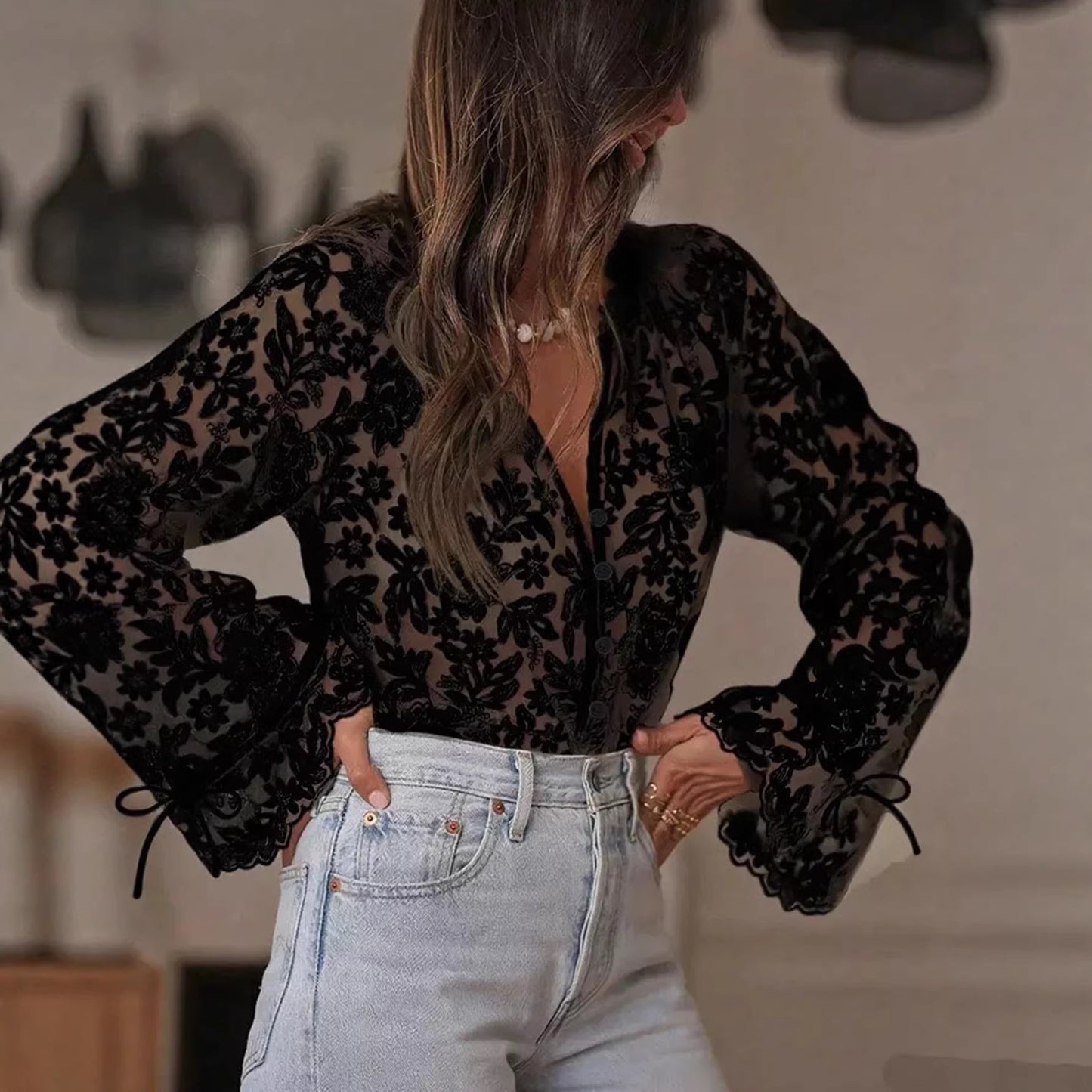 Women's Sheer Floral Lace Blouse Button Up Tie Sleeve