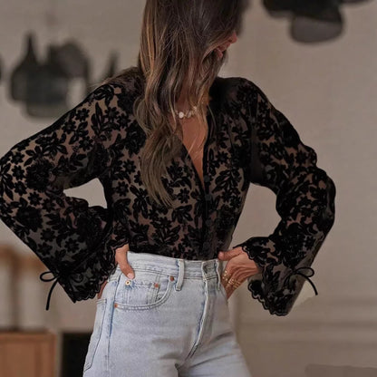 Women's Sheer Floral Lace Blouse Button Up Tie Sleeve