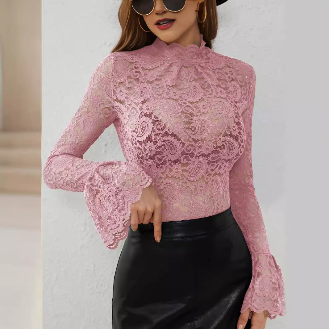 Sexy Cashew Flower Lace Slim-Fit Horn Sleeve Top