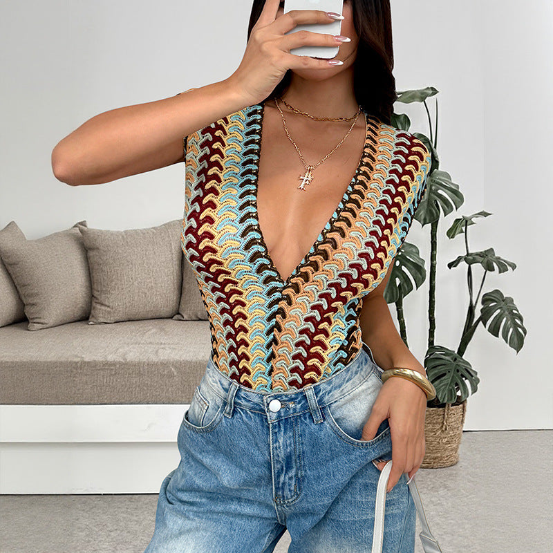 Boho Deep V Crochet Knit Bodysuit Top