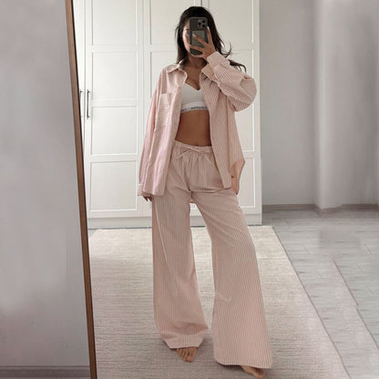 Women's Striped Oversized Shirt and Pants Lounge Set