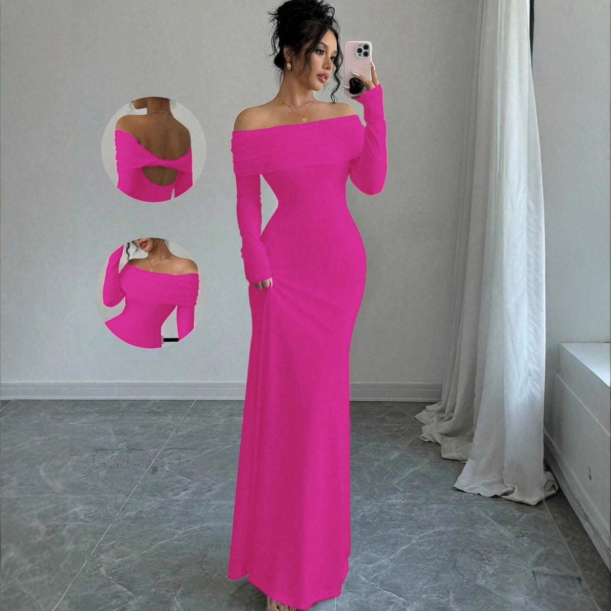 Off Shoulder Cutout Back Ruched Bodycon Maxi Dress