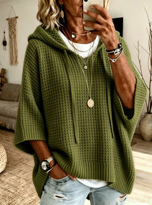 Oversized Hooded Textured Knit Pullover Sweater