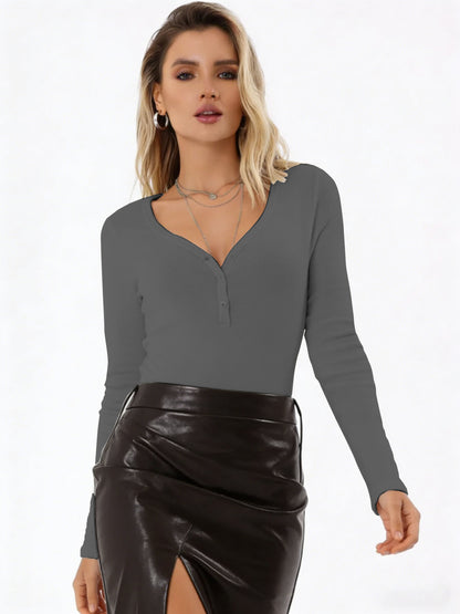 Women's Long Sleeve Ribbed Henley V Neck Fitted Top