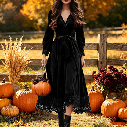 Velvet Maxi Dress V-Neck Lace Trim Puff Sleeve Flowy