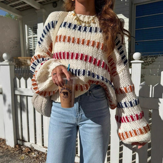 Oversized Chunky Knit Color Block Batwing Sweater