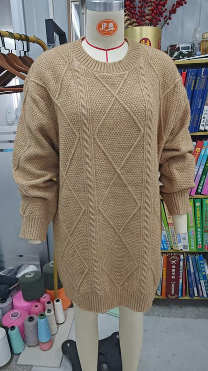 Oversized Chunky Cable Knit Sweater Dress Crew Neck