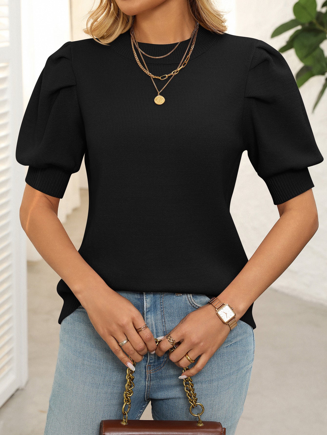 Women’s Puff Sleeve Short Sleeve Knit Sweater Top