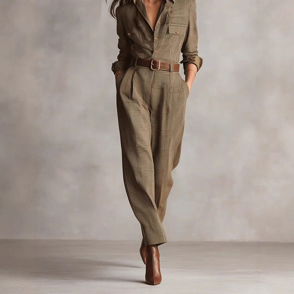 Women's Plaid Utility Belted Wide Leg Jumpsuit