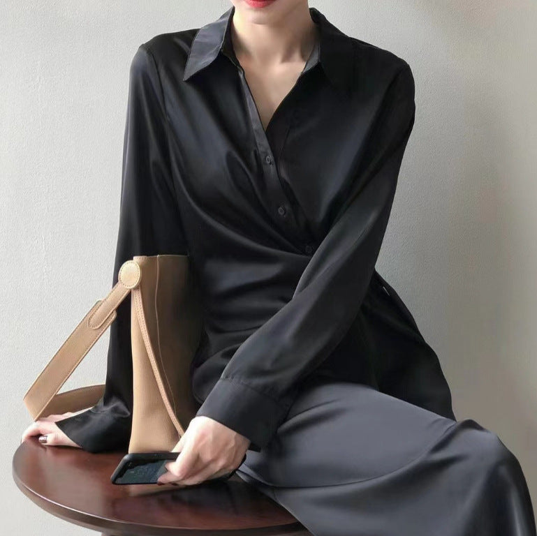 Women's Satin Long Sleeve Maxi Shirt Dress