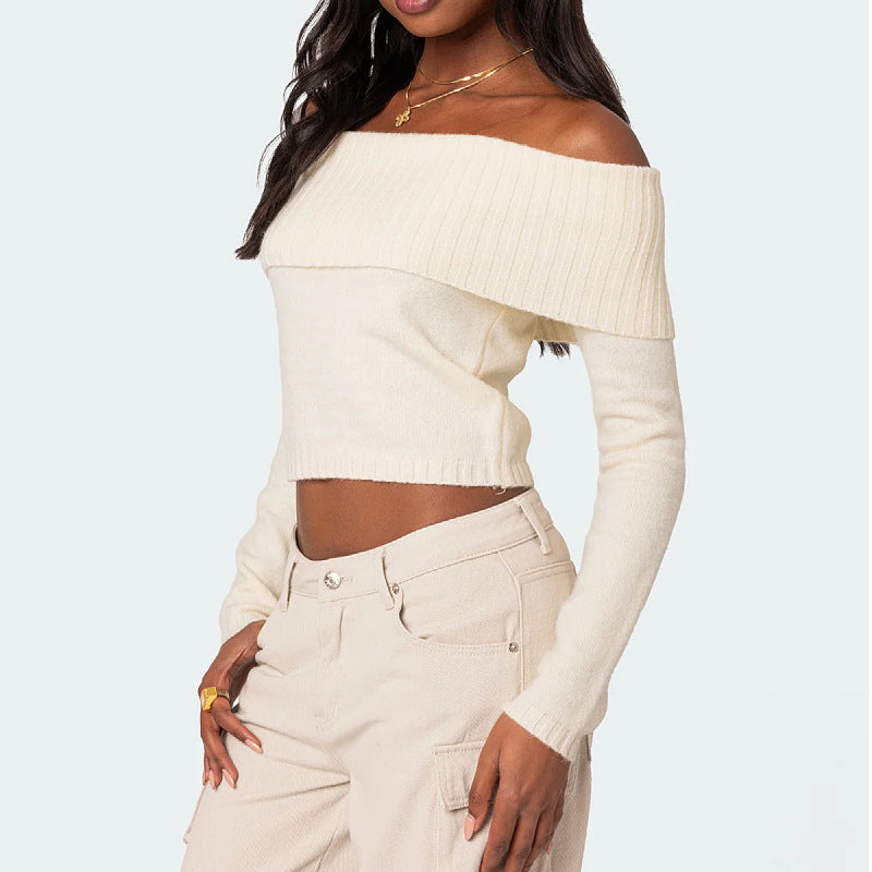 Off Shoulder Ribbed Knit Sweater Long Sleeve Crop Top