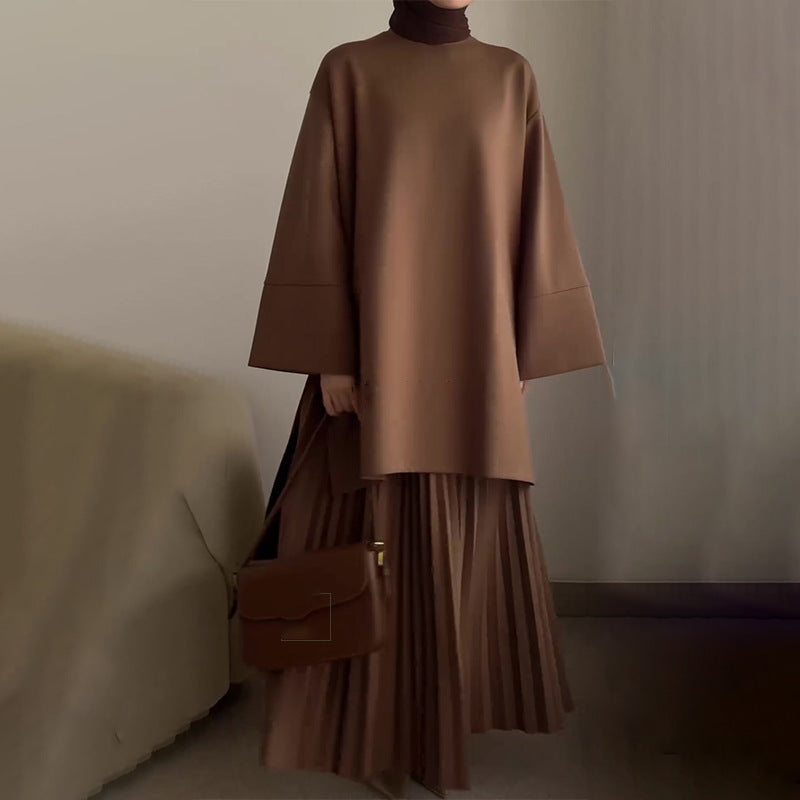 Women Oversized Sweatshirt Pleated Maxi Skirt Set