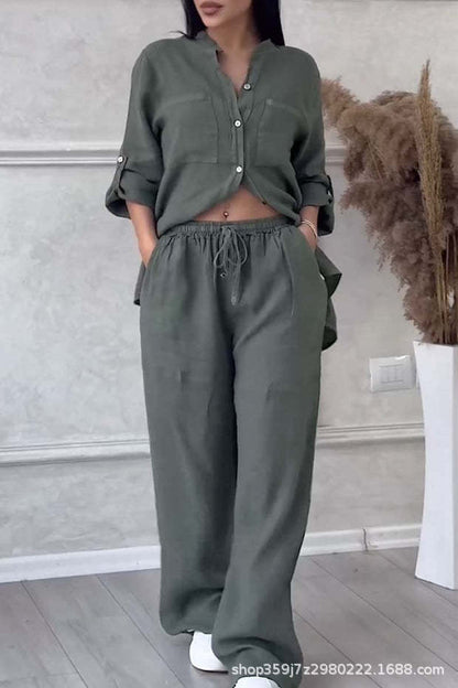Women's Linen Shirt and Wide Leg Pants Matching Set