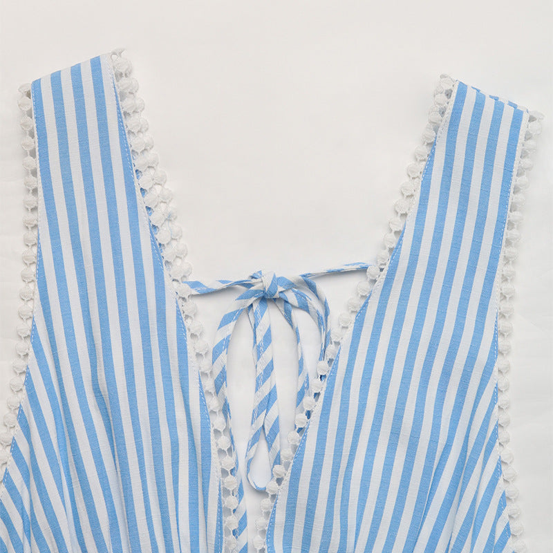 Striped Mini Dress Sleeveless Backless Tie Front Beach Summer