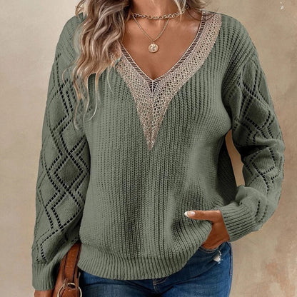 Women's Oversized V-Neck Crochet Sweater Top
