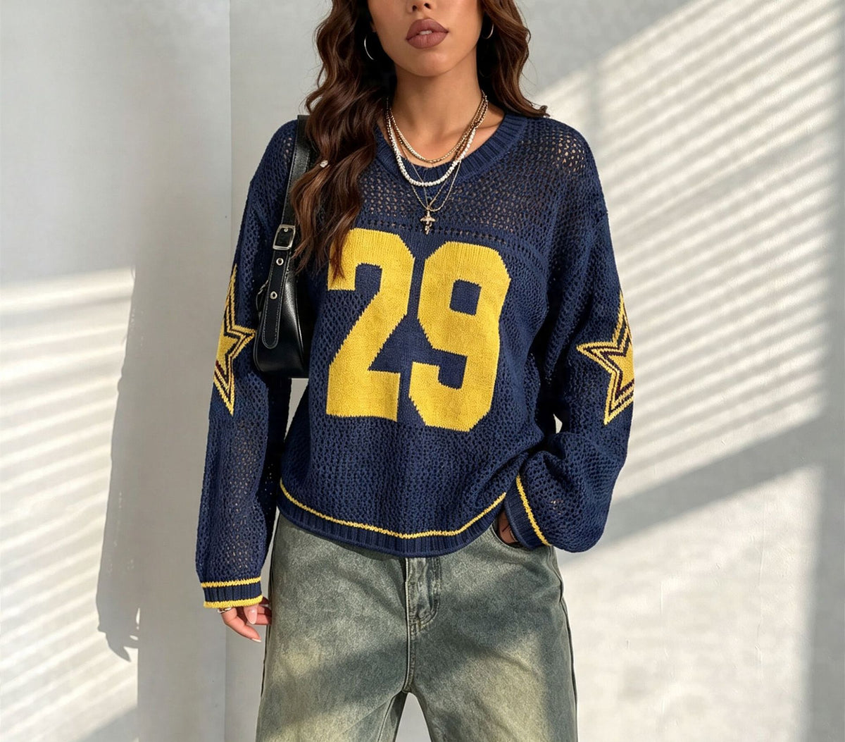 Women's Oversized Graphic Number Mesh Sweater Streetwear