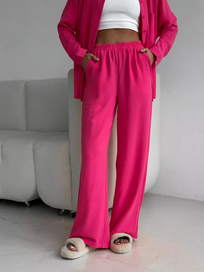 Two Piece Shirt Pants Set Wide Leg Casual Outfit