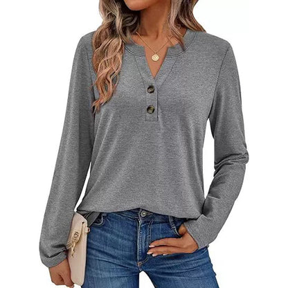 Women's Long Sleeve V-Neck Henley Loose Fit Top