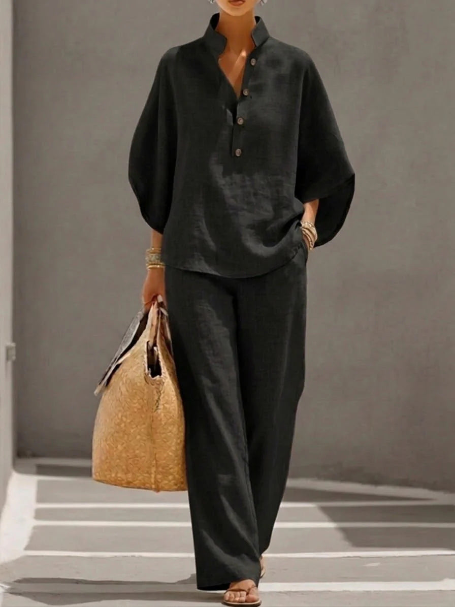 Womens Linen Blend Shirt & Wide Leg Pants Matching Set