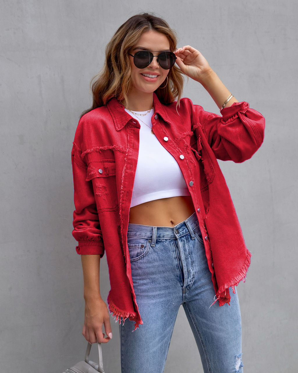 Hot Pink Distressed Denim Jacket Oversized Button Down