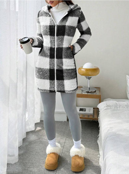 Women's Buffalo Plaid Sherpa Hooded Long Zip Jacket